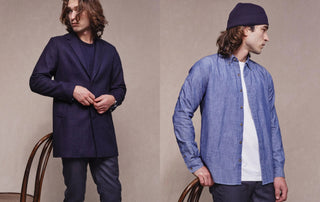 Image split of  Navy Topcoat on left, and unbuttoned denim shirt over a white tee on right