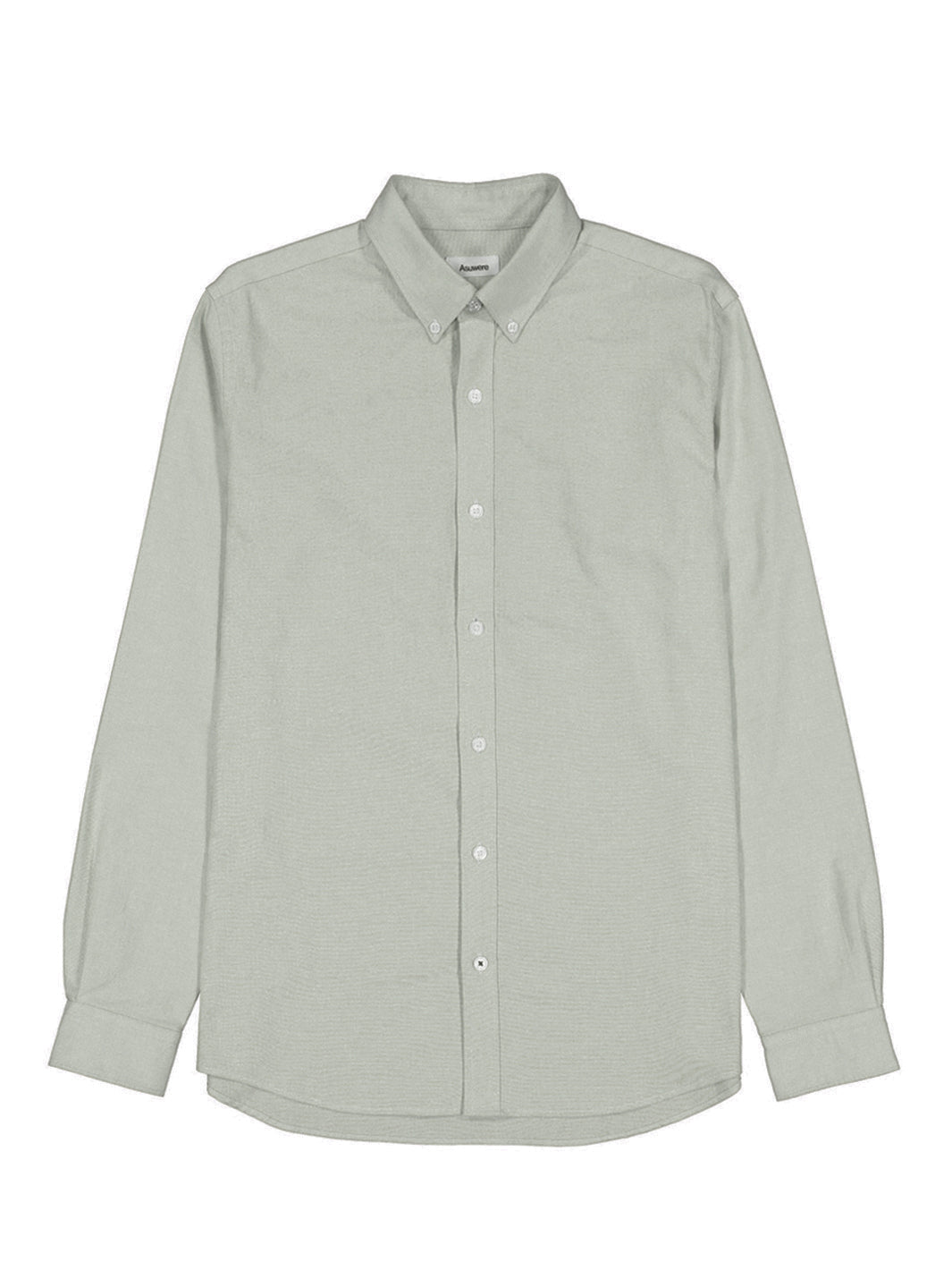 Front of green oxford shirt against white background