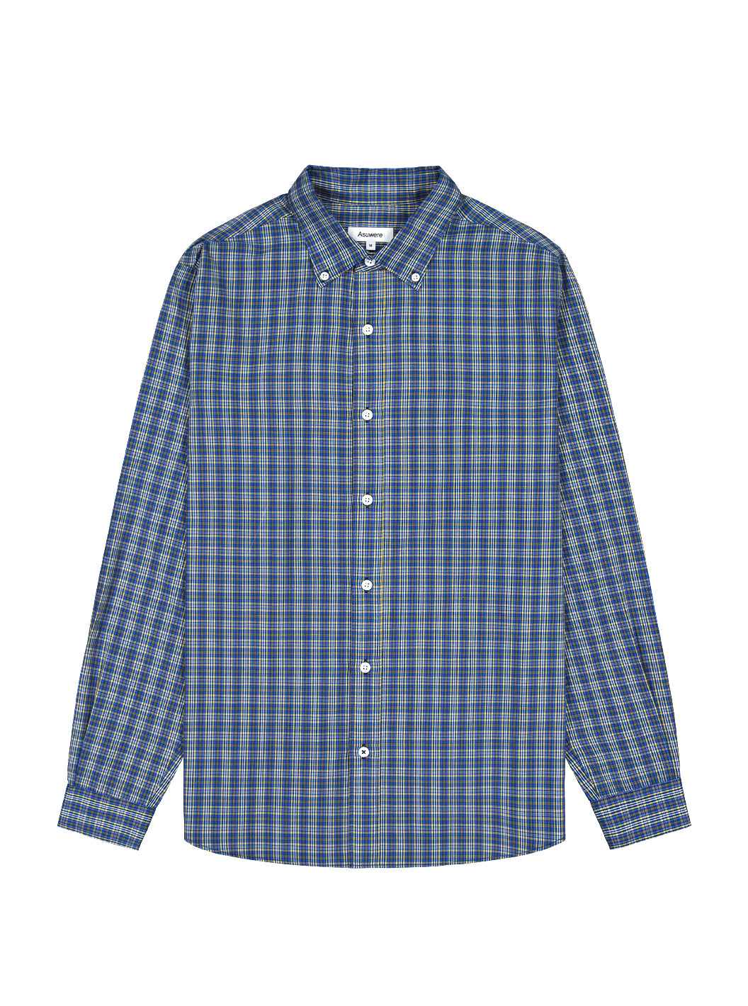 Front of Light Cotton Button Down Shirt in Navy Check against white background