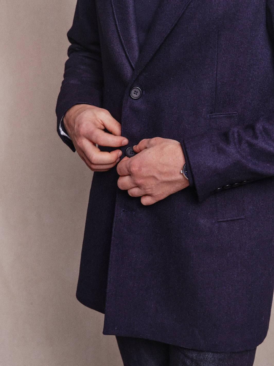 Detailed shot of buttons on Asuwere Woollen Topcoat in Navy