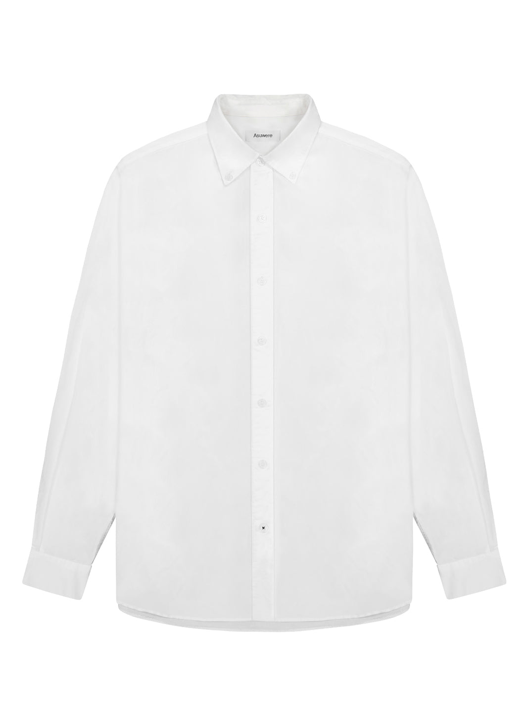 Front of white poplin button down shirt against white background