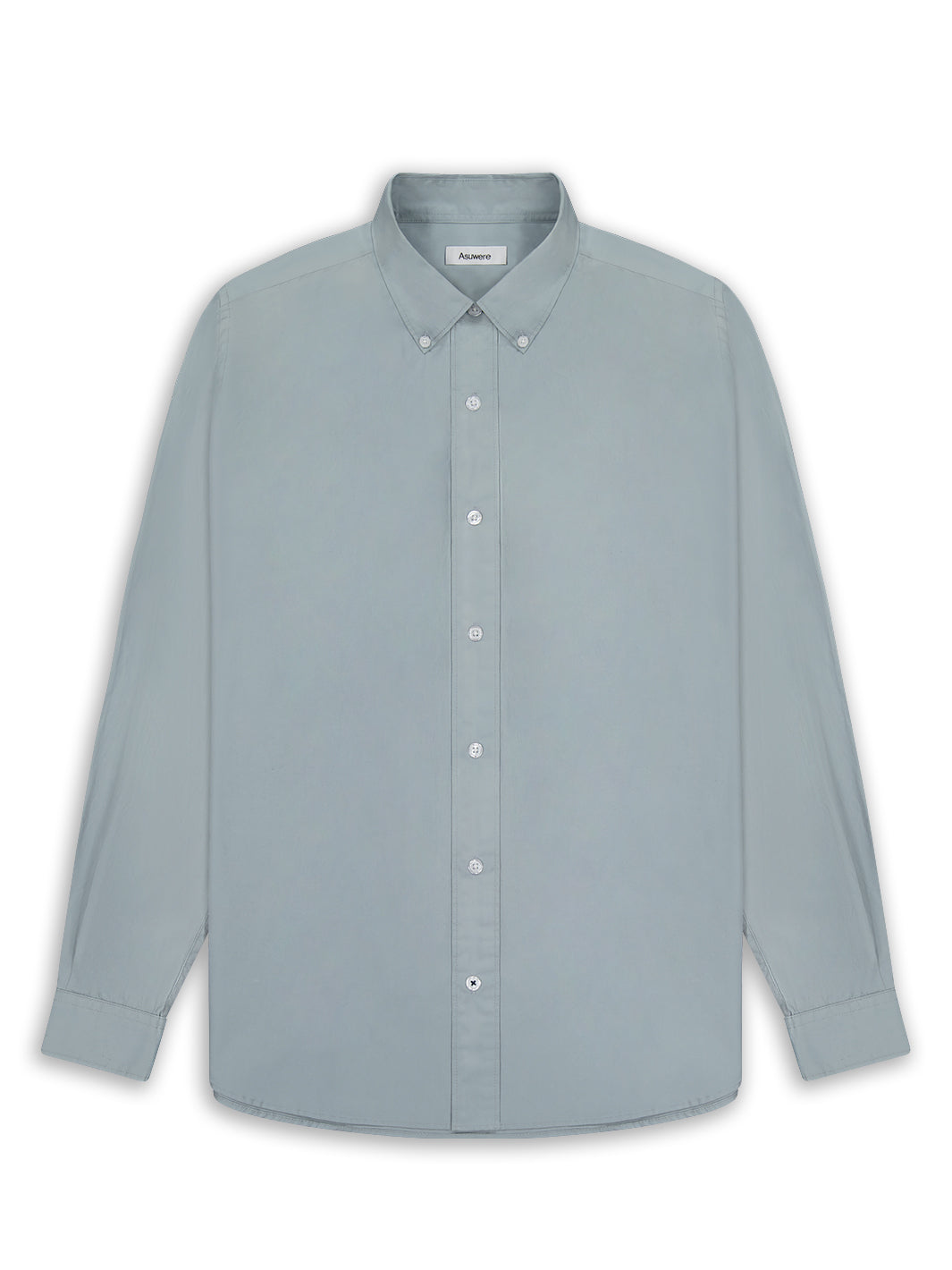 Front of Dusty Blue Poplin Button Down Shirt against white background