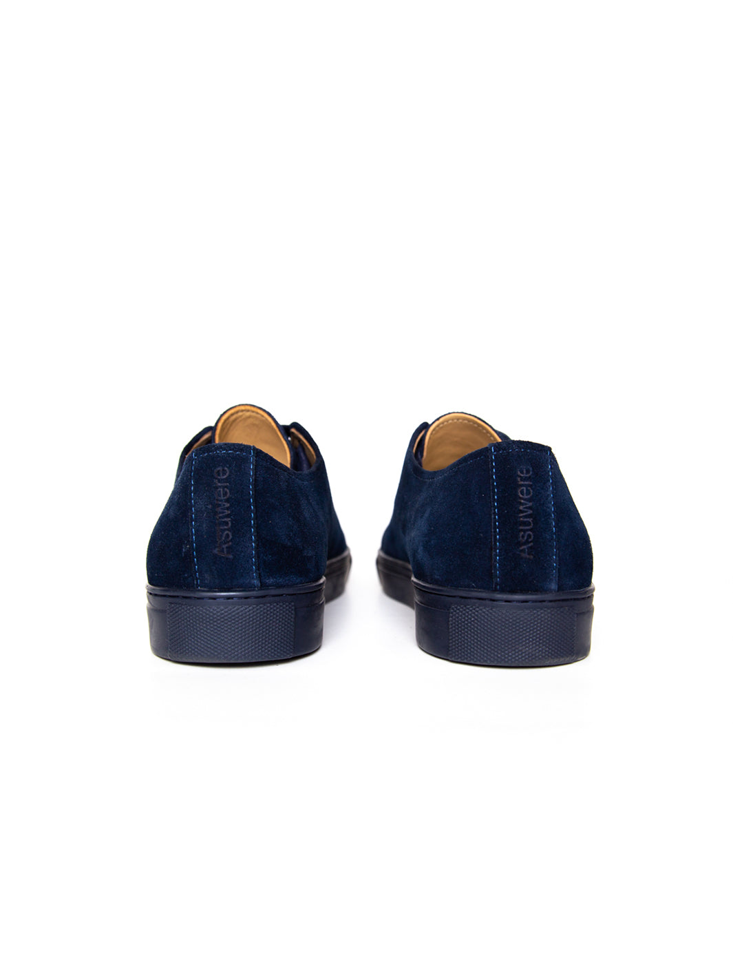 Navy suede leather sneakers heel detail with embossed Asuwere logo