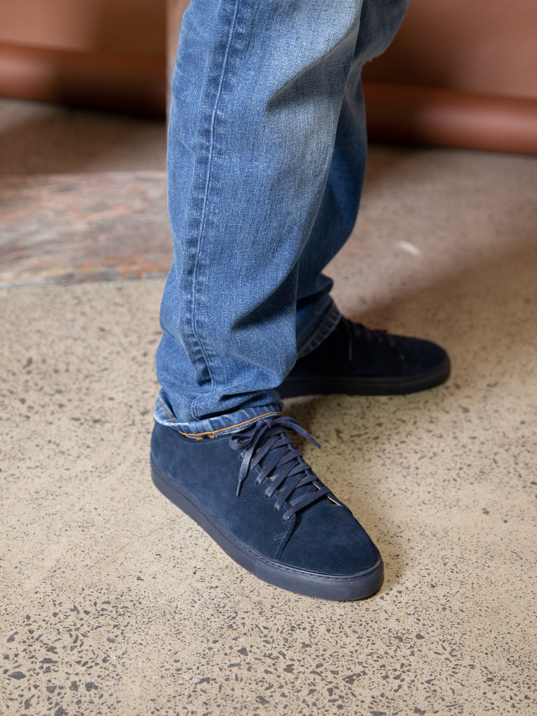 Navy suede leather Asuwere sneaker on model