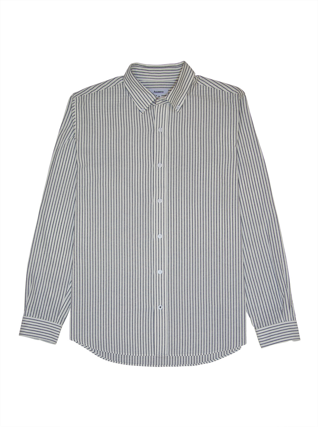Front of navy stripe light cotton button down shirt against white background